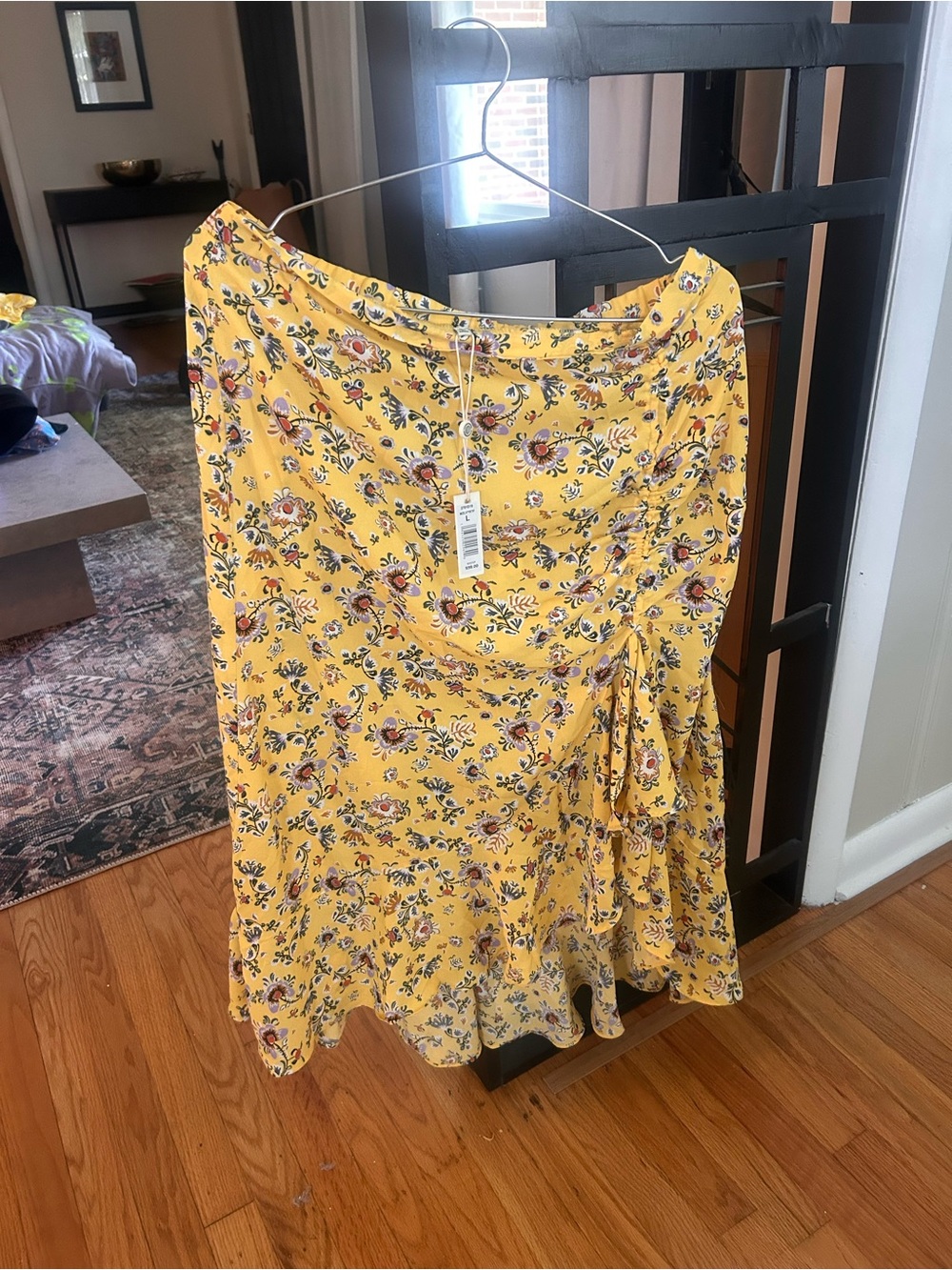 Yellow Floral Ruffle Midi Skirt